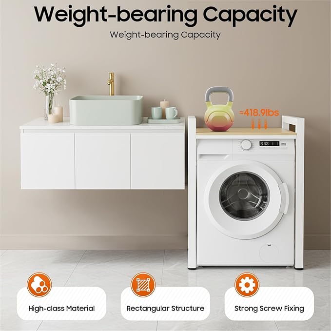 Over Washer and Dryer Shelves, Washer and Dryer Storage Shelf, Adjustable Laminate and Foot Pads Washing Machine Storage Rack for Kitchens Dressing Rooms (White, Light Walnut)
