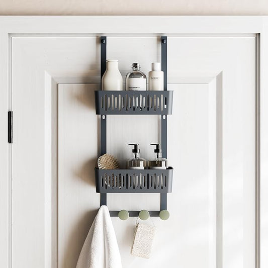 Zenna Home SnugFit Over the Door Caddy Organizer with 2 Storage Baskets and 4 Hooks, Over Door Hanging Organizer for Bathroom, Kitchen, Bedroom, Closet, Easy to Install, No Drilling, Blue