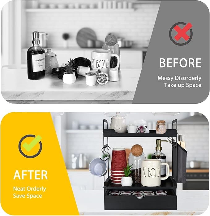 Coffee Bar Accessories and Organizer, 2-Tier Coffee Station Organizer, Wood Kitchen Countertop Organizer with Bag and Hooks, Coffee Pod Holder for Coffee Bar Decor, Syrup Snack Organizer(Black)