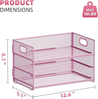 Marbrasse 3 Tier Paper Organizer Letter Tray, Mesh File Organizer with Handle, Paper Sorter Desk Organizer for Home Office Supplies(Pink)