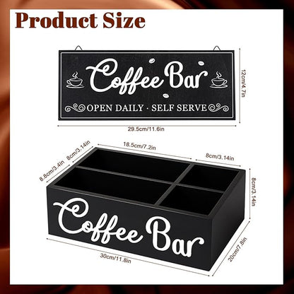 Coffee Bar Organizer for Countertop Coffee Station Organizer Wood Coffee Bar Sign with Removable Dividers for Pods Condiment Syrup Tea Cups Stirrers,Office Coffee Bar Decor