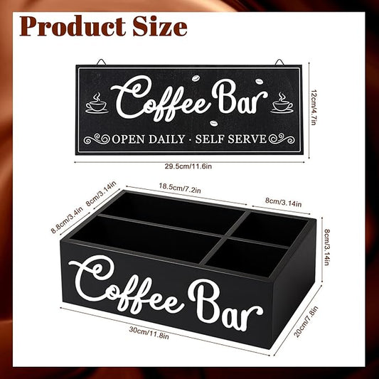Coffee Bar Organizer for Countertop Coffee Station Organizer Wood Coffee Bar Sign with Removable Dividers for Pods Condiment Syrup Tea Cups Stirrers,Office Coffee Bar Decor