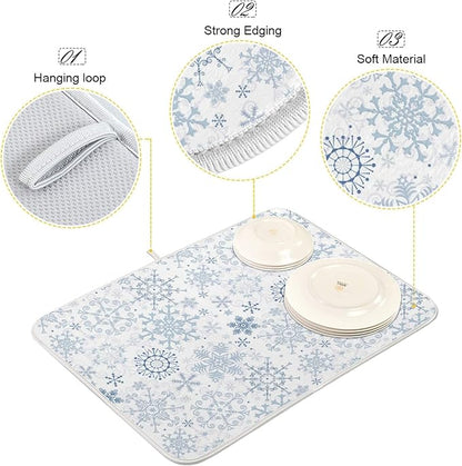 ZzWwR Chic Beautiful Snowflake Christmas Absorbent Dish Drying Mat Microfiber Kitchen Countertop Table Protector Multi-Purpose Counter Rack Sink Drainer Pad (16" x 18",White)