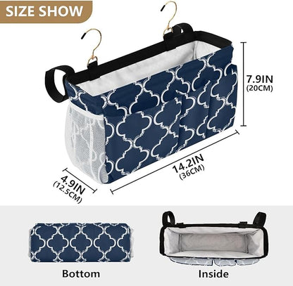 CuwrYet Bedside Caddy Hanging Bunk Bed Caddy Bed Organizer Hanging Pocket with 2 Hooks Bedside Storage Organizer Pocket Bag Holder Navy Blue Geometric Quatrefoil
