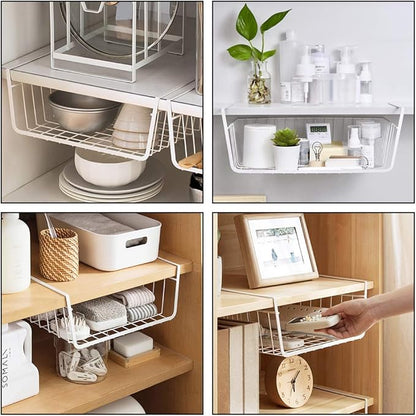 4 Pack Under Shelf Basket, Dveda Durable Metal Wire Rack Hanging Shelf Storage Basket, Under Cabinet Organizer Shelf for Kitchen/Pantry/Bathroom/Desk - Slide Arms Height:1.45 in(White)