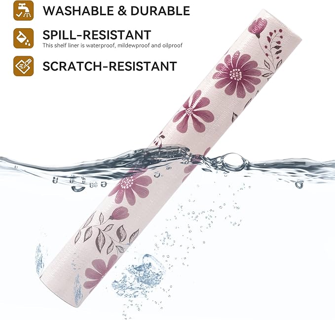 RAY STAR Shelf Liner, Non Adhesive Floral Kitchen Cabinet Liner for Pantry Drawer, Strong Grip Non Slip Waterproof, Shelf Liners for Kitchen Cabinets Cupboard 12 Inch x 10 FT Pink Daisy (4 Rolls)