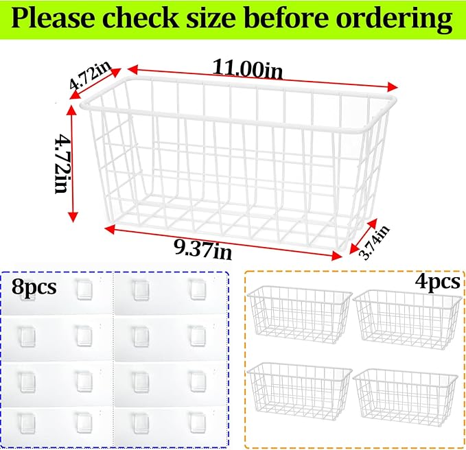 Hanging Kitchen Baskets Adhesive Sturdy Wire Storage Baskets with Kitchen Food Pantry Bathroom Shelf Storage No Drilling Wall Mounted,White,4 Pack