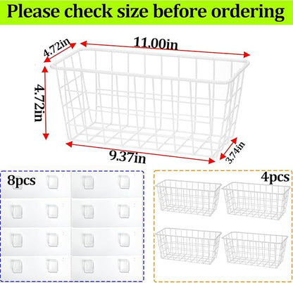 Hanging Kitchen Baskets Adhesive Sturdy Wire Storage Baskets with Kitchen Food Pantry Bathroom Shelf Storage No Drilling Wall Mounted,White,4 Pack