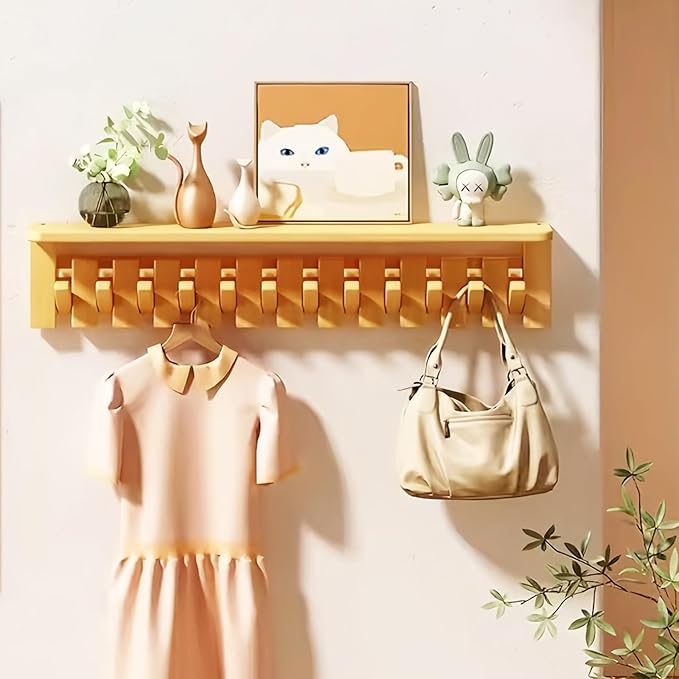 Wall Mounted Coat RackHooks Piano Key Hangers Natural Solid Wood Hanger Non-Woven Fabric Clothes Hangers for Closet, Kitchen, Bedroom, Bathroom, Entryway (Tray-Beech, 10 Hooks)