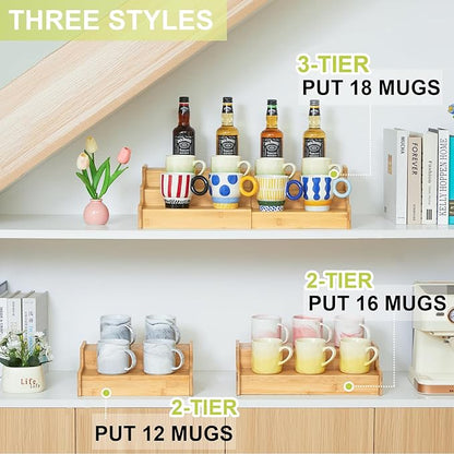 2-Tier Expandable Bamboo Mug Holder Coffee Mug Rack Organizer for Countertop, Multi-Functional Mug Display Shelf for Coffee Bar, Kitchen, and Home (15.75"~30.71")