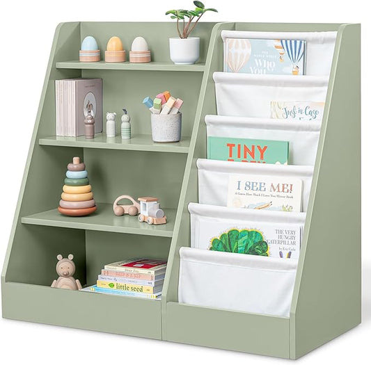 Comfy Cubs Kids Bookshelf 35.2 x 15.7 x 31.5 Inches - Sturdy MDF Montessori Book Shelf with Soft & Hard Shelves for Toys & Books - Child-Friendly, Easy Access Storage Organizer for Kids - Sage