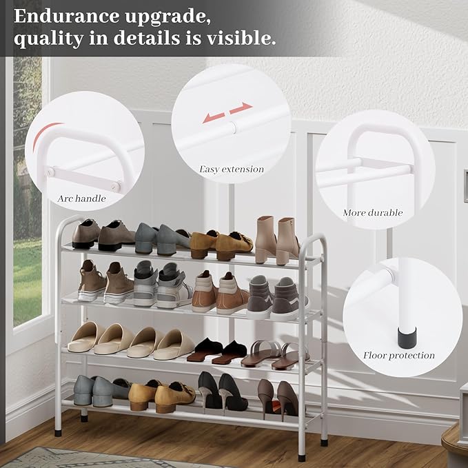 Expandable Shoe Rack, 4-Tier Metal Small Shoe Rack, Adjustable Shoes Organizer, Storage Shelf for Closet, Entryway, White