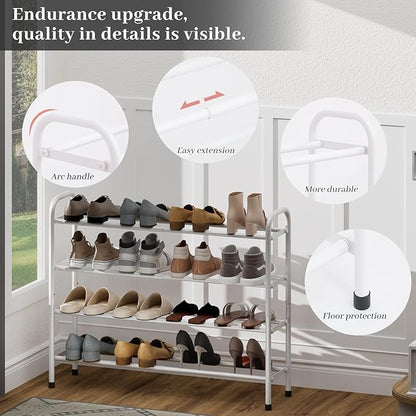 Expandable Shoe Rack, 4-Tier Metal Small Shoe Rack, Adjustable Shoes Organizer, Storage Shelf for Closet, Entryway, White