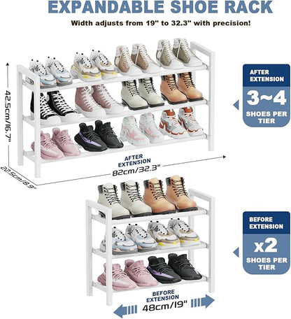 Mavivegue Expandable Shoe Rack, 3-Tier Shoe Organizer for Closet, Adjustable Shoe Rack for Front Door Entrance, Entryway,White
