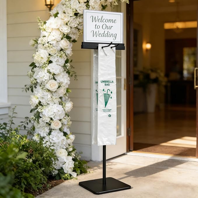 Umbrella Holder Stand For Entryway With Free 200 Disposable Large Plastic Umbrella Bags Wet Umbrella Bags Locking & Interchangeable Display Stand For Printed Cards/Sheets, Floor Protection