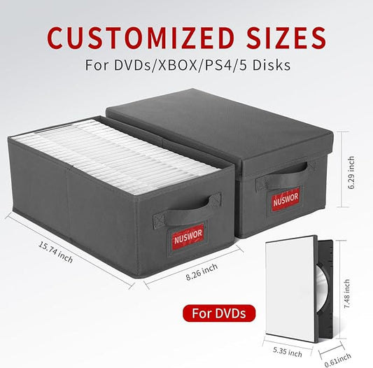 DVD Storage Box - Perfect DVD Case Storage Solution, Stackable DVD Organizer with Lid, 2Pack DVD Holder 15.75 x 8.1 x 6.1 inches - Holds 50 DVDs - Grey, USNWDVD2S2