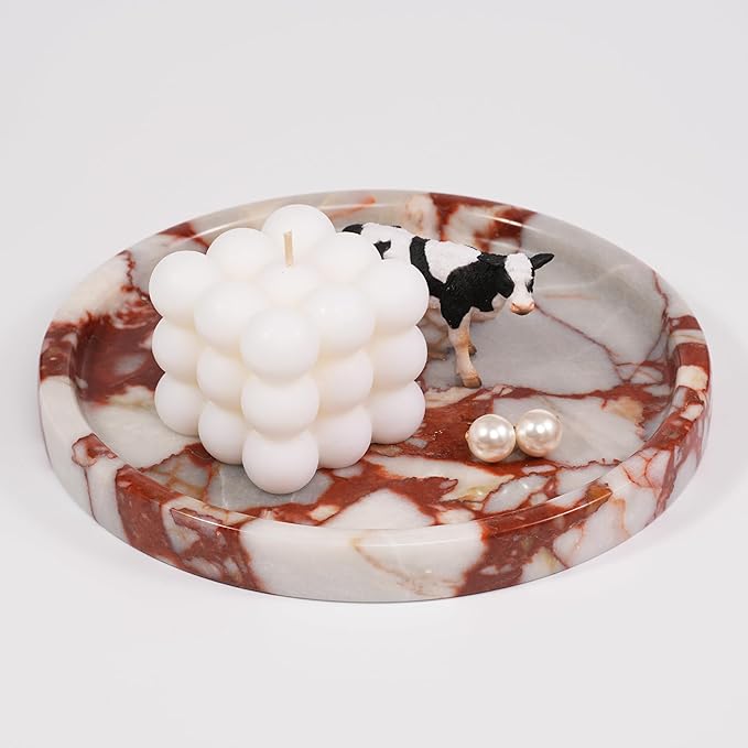 LWALMS Marble Perfume Jewelry Tray - Stone Trinket Ring Key Purse Holder Dish, Round Plate Decorative Bowl for Nightstand Entryway Coffee Table Decor (7.9 inch)