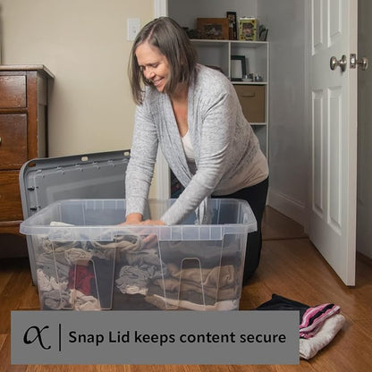 CX BLACK & YELLOW 27-Gallon Heavy Duty Clear Storage Bins with Lids, Stackable Plastic Storage Bins with Weather-Resistant Design, Home Organization, Clear & Grey, 4 Pack (14.3H x 20.6W x 30.6D)