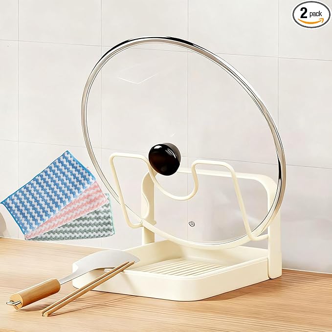 Pot Lid Holder While Cooking, 2026 Upgraded Kitchen Pot Lid Storage Rack, Double Layer Lid and Spoon Rest With Tray, Multifunctional Spatula Holder For Stovetop, Kitchen Counter (Single Layer-beige)
