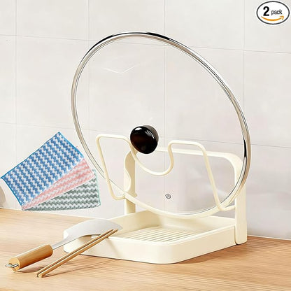 Pot Lid Holder While Cooking, 2026 Upgraded Kitchen Pot Lid Storage Rack, Double Layer Lid and Spoon Rest With Tray, Multifunctional Spatula Holder For Stovetop, Kitchen Counter (Single Layer-beige)