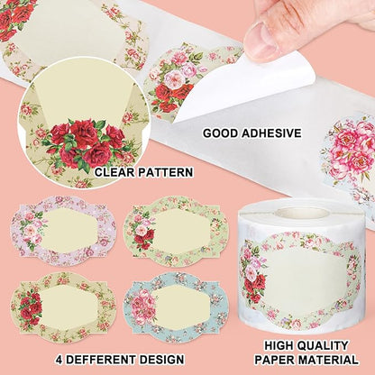 Whaline 250Pcs Vintage Floral Jar Label Stickers Roll Retro Flower Canning Labels Blank Paper Sticker Tags for Family Kitchen Sauce Candy Bottle, 3 x 2 Inch