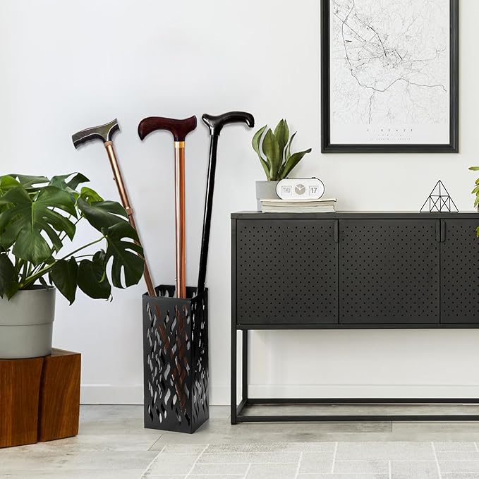 Metal Umbrella Holder, Heavy Square Canes Walking Sticks Stand Rack, Freestanding Rain Collection Umbrella Organizer, Black Umbrella Storage Bin for Entryway, Home, Office, 6.1"x6.1"x15.7"