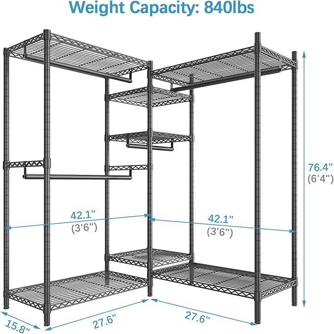 VIPEK L6 Heavy Duty Clothes Rack L Shape Clothing Rack 5-Tier Wire Garment Rack Freestanding Closet with 7 Adjustable Shelves & 4 Hanging Rods, 42.1" L x 42.1" W x 76.4" H, Max Load 850LBS, Black