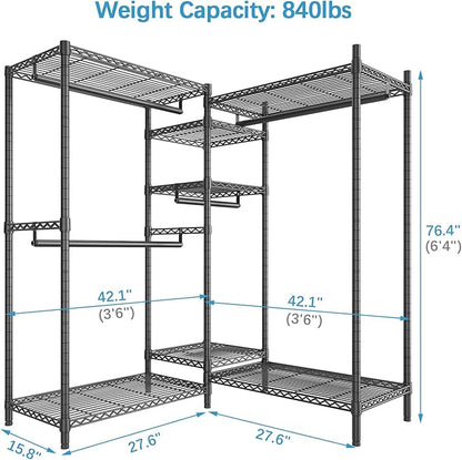 VIPEK L6 Heavy Duty Clothes Rack L Shape Clothing Rack 5-Tier Wire Garment Rack Freestanding Closet with 7 Adjustable Shelves & 4 Hanging Rods, 42.1" L x 42.1" W x 76.4" H, Max Load 850LBS, Black
