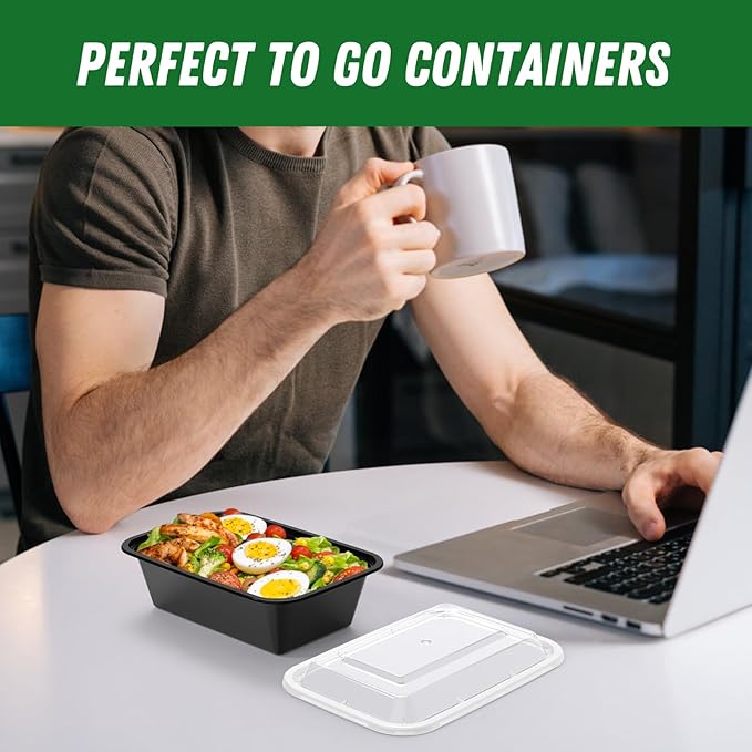 Dealusy 50 Pack (100-Piece) 24 oz Meal Prep Containers Reusable with Lids, Sturdy Leakproof & Food Safe, Microwave, Freezer, Dishwasher Safe Prep Containers, To Go Take Out Plastic Food Storage