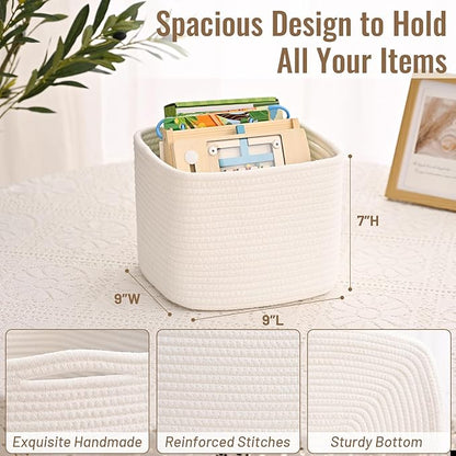 3 Pack Cube Storage Bin, 9”x9”x7” Cotton Rope Woven Baskets for Organizing Toys Clothes Towels, Square Gift Storage Baskets for Shelf, Nursery, Closet, Bathroom, Pantry (White)