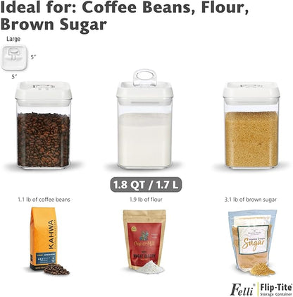 Felli Flip Tite Storage Container with Built-In Spoon & Airtight Lid 5” Large-M Ring Flip Top, Stackable Acrylic Canister for Rice Sugar Flour Protein Powder, Kitchen Pantry Organizer (1.8qt)
