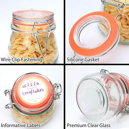 Flrolove 5oz 6pack Glass Jars with Airtight Lid, Glass Food Storage Containers with Lids, Mason Jars, Wire Clip Fastening for Cereal, Flour, Cookie, Spice, Honey, Kitchen Canning