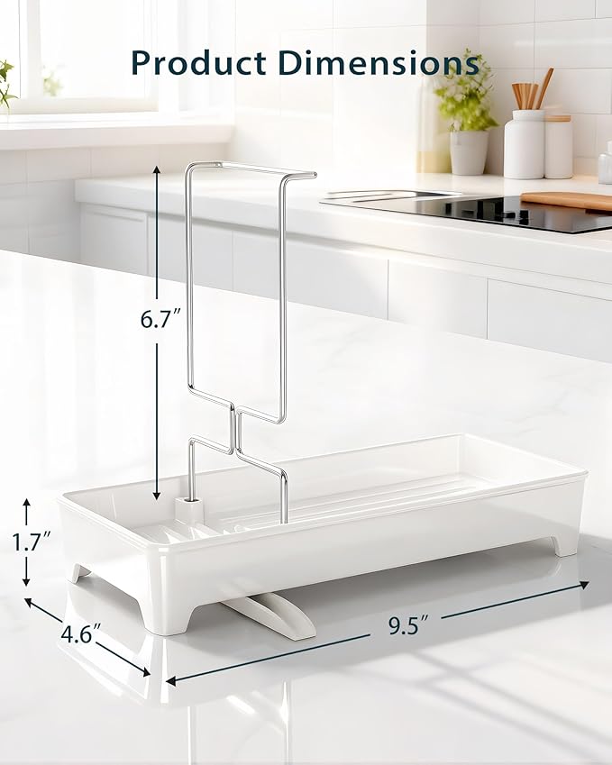 Caumic Minimalist Sink Caddy, Rustproof Sponge Holder for Kitchen Sink with 304 Stainless-Steel Brush Holder, Countertop Rack Organizer with Raised Ridges & Silicone Drain Tube (Cream White)
