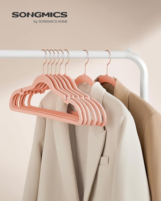 SONGMICS Velvet Hangers 100 Pack, Non-Slip Clothes Hangers with Shoulder Notches, Pants Bar, 360° Swivel Hook, Space-Saving, for Closet, Jelly Pink UCRF029R100