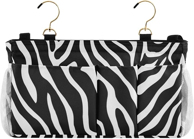 CuwrYet Bedside Caddy Hanging Bunk Bed Caddy Bed Organizer Hanging Pocket with 2 Hooks Bedside Storage Organizer Pocket Bag Holder White Black Zebra Print