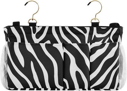 CuwrYet Bedside Caddy Hanging Bunk Bed Caddy Bed Organizer Hanging Pocket with 2 Hooks Bedside Storage Organizer Pocket Bag Holder White Black Zebra Print