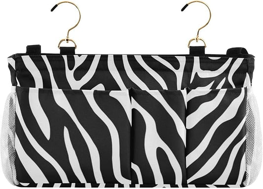 CuwrYet Bedside Caddy Hanging Bunk Bed Caddy Bed Organizer Hanging Pocket with 2 Hooks Bedside Storage Organizer Pocket Bag Holder White Black Zebra Print