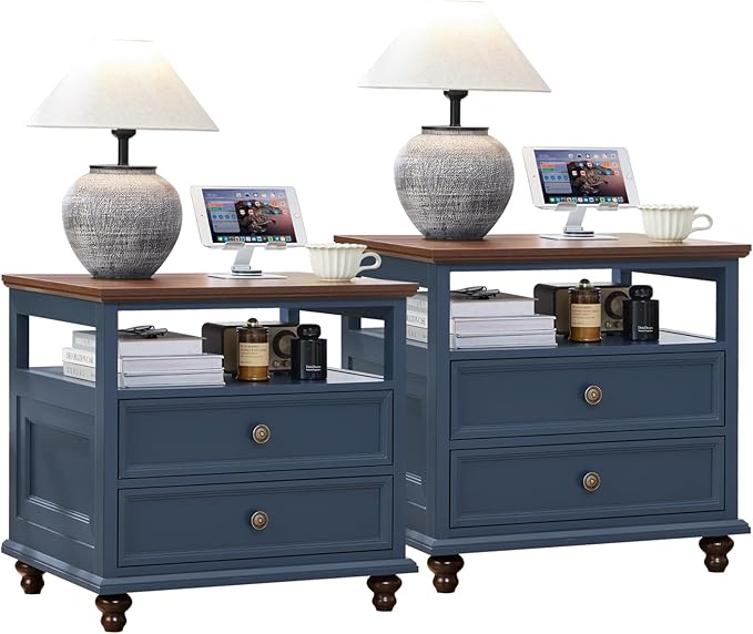 Joaxswe 24" Wide Farmhouse Night Stand Set of 2,Large End Table with 2 Drawers & Metal Handle,Blue Wood Dresser for Bedroom, Bed Side Table Chest of Drawers Cabinet, Nightstand for Living Room,Closet