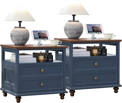 Joaxswe 24" Wide Farmhouse Night Stand Set of 2,Large End Table with 2 Drawers & Metal Handle,Blue Wood Dresser for Bedroom, Bed Side Table Chest of Drawers Cabinet, Nightstand for Living Room,Closet