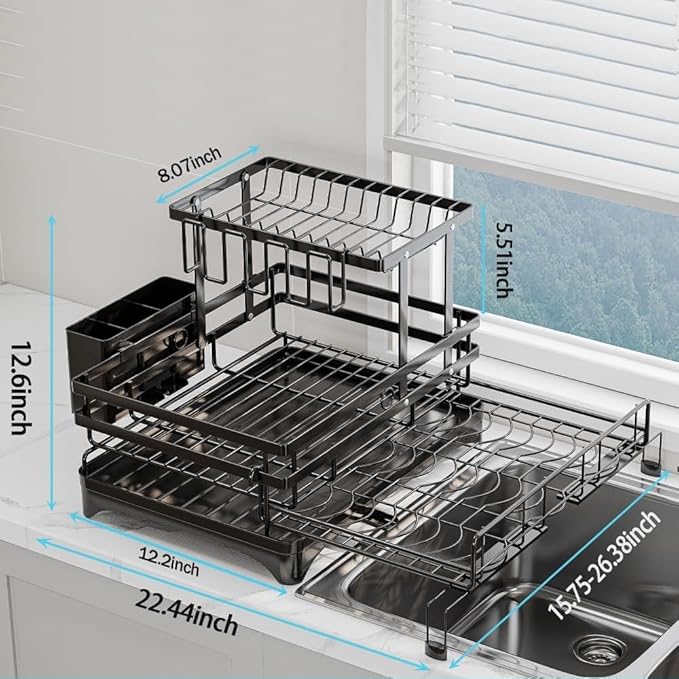 HANLE 2 Tier Dish Drying Rack - Large Extendable Dish Rack, 2-in-1 Anti-Rust Stainless Steel Dishrack for Kitchen Counter and Sink, Dish Strainer with Utensil Holder & Cup Holder(Black)