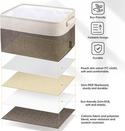 BALEINE 2 Pack Fabric Storage Bins for Shelves, Linen Storage Baskets for Organizing, Decorative Closet Bins for Clothes, Home (Brown, 12"x8"x8")