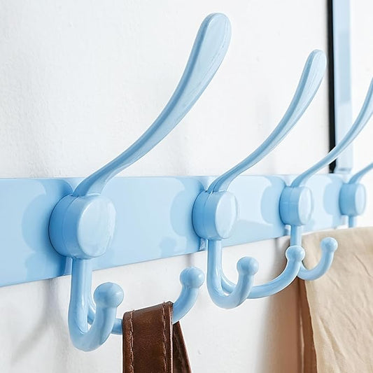 Dseap Over The Door Hook Hanger - Fits 1 3/8" to 1 3/4" Standard Doors | 5 Tri Hooks Heavy Duty Towel/Coat Rack | Door Organizer for Clothes, Jackets, Hats, Towels, Blue, Pack of 2