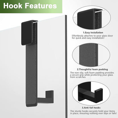 VINHOLD Shower Door Hooks, Heavy Duty Rack Hooks for Robe, Stainless Steel Towel Hooks for Bathroom, Fits Frameless Glass Shower Doors up to 3/8" (10mm) Thick (Black, 2 Pack)
