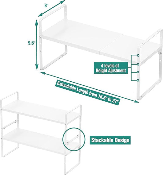 Expandable Cabinet Shelf Organizer Rack, Stackable Kitchen Counter Storage Shelves Stand, Adjustable Height Pantry Shelf Spice Rack, Heavy Duty Nonslip White Small 1Pack