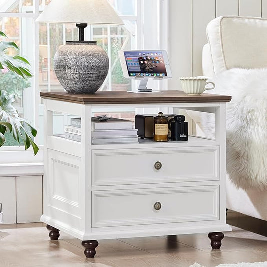 Joaxswe 24" Wide Farmhouse Night Stand Set of 2,Large End Table with 2 Drawers & Metal Handle,White Wood Dresser for Bedroom, Bed Side Table Chest of Drawers Cabinet, Nightstand for Living Room,Closet