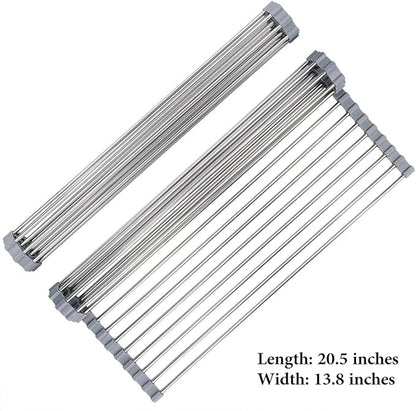Hhyn Roll Up Dish Drying Rack 20.5"(L) x 13.8"(W) - Stainless Steel and Silicone Dish Drying Mat Over The Sink Foldable Drain Rack Multipurpose Dish Drainer Extra Large, Gray