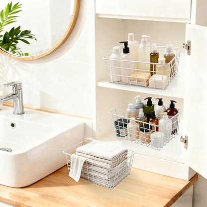 4 Pack White Wire Baskets 11.1"x8.7"x4.7", Wire Freezer Storage Organizer Bins Farmhouse Metal Freezer Basket with Handles for Cabinets, Pantry, Closets, Bedrooms