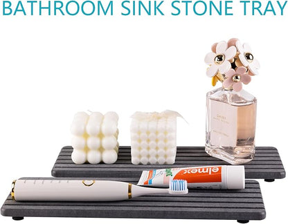 2 PCS Water Absorbent diatomite Coasters, 12.2" x 4" Water Absorbing Stone Tray for Sink, Stone Drying mat for Kitchen Counter, Stone soap Tray Used for Hand Soaps & toiletries & Plants