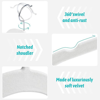 Sishynio Premium Velvet Shirt Hangers 30 Pack, Non-Slip 360° Swivel Hook Slim Felt Hanger, Space Saving Flocked Hangers for Tank Tops, Blouses, Strappy Dresses(White)
