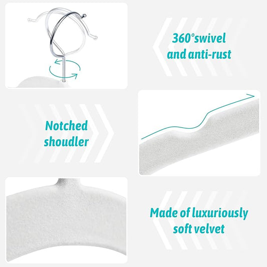 Sishynio Premium Velvet Shirt Hangers 30 Pack, Non-Slip 360° Swivel Hook Slim Felt Hanger, Space Saving Flocked Hangers for Tank Tops, Blouses, Strappy Dresses(White)